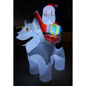 🆕8×7FT  Christmas Inflatable Santa Riding Husky Dog Outdoor Decoration